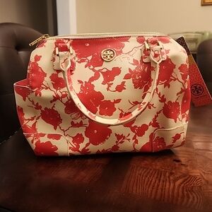 NWT Tory Burch Robinson Middy Satchel Fire Orange Floral
